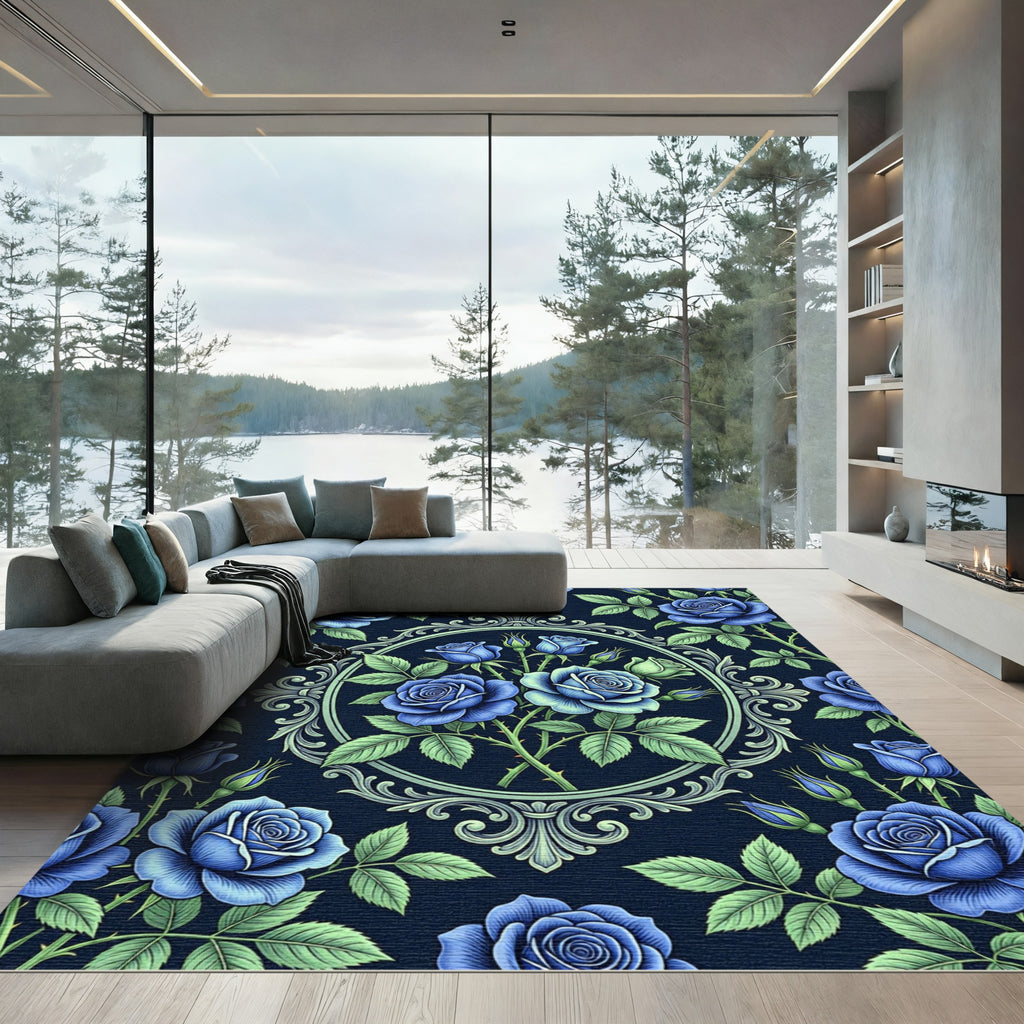 Elegant Blue Rose Ornate Oval Medallion Rug
