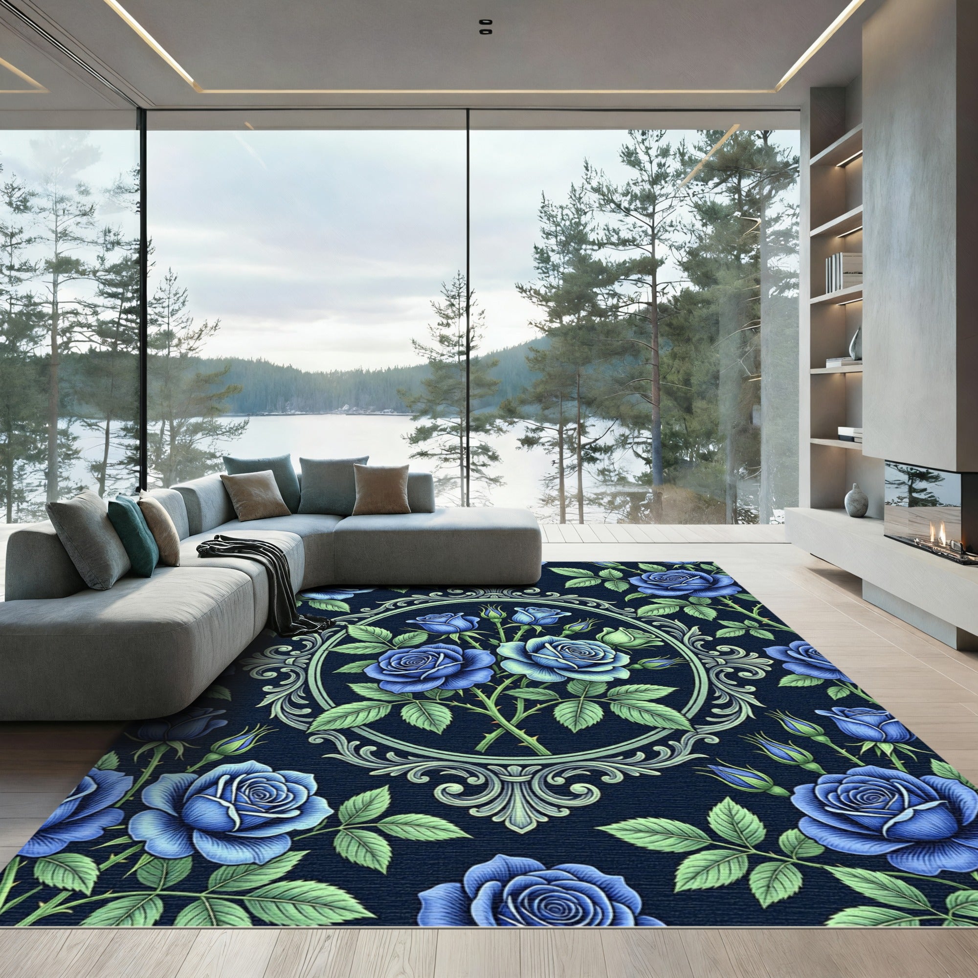 Elegant Blue Rose Ornate Oval Medallion Rug