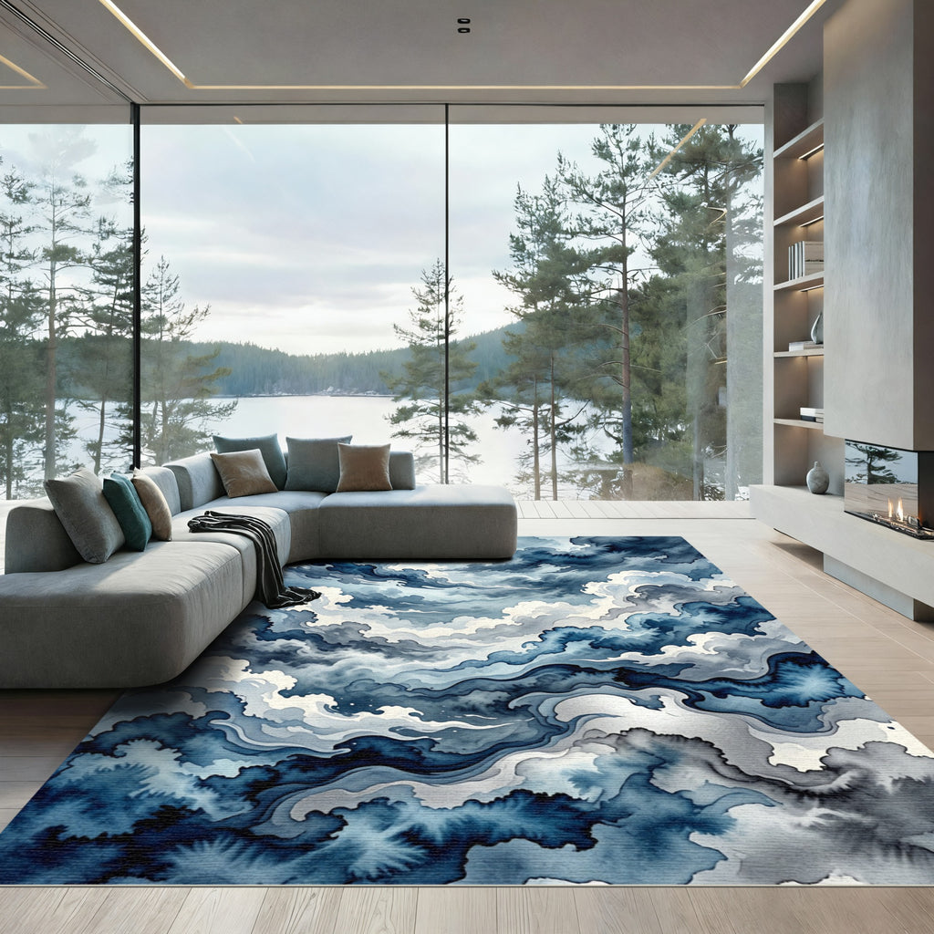 Deep Blue Cloudy Sky Watercolor Rug