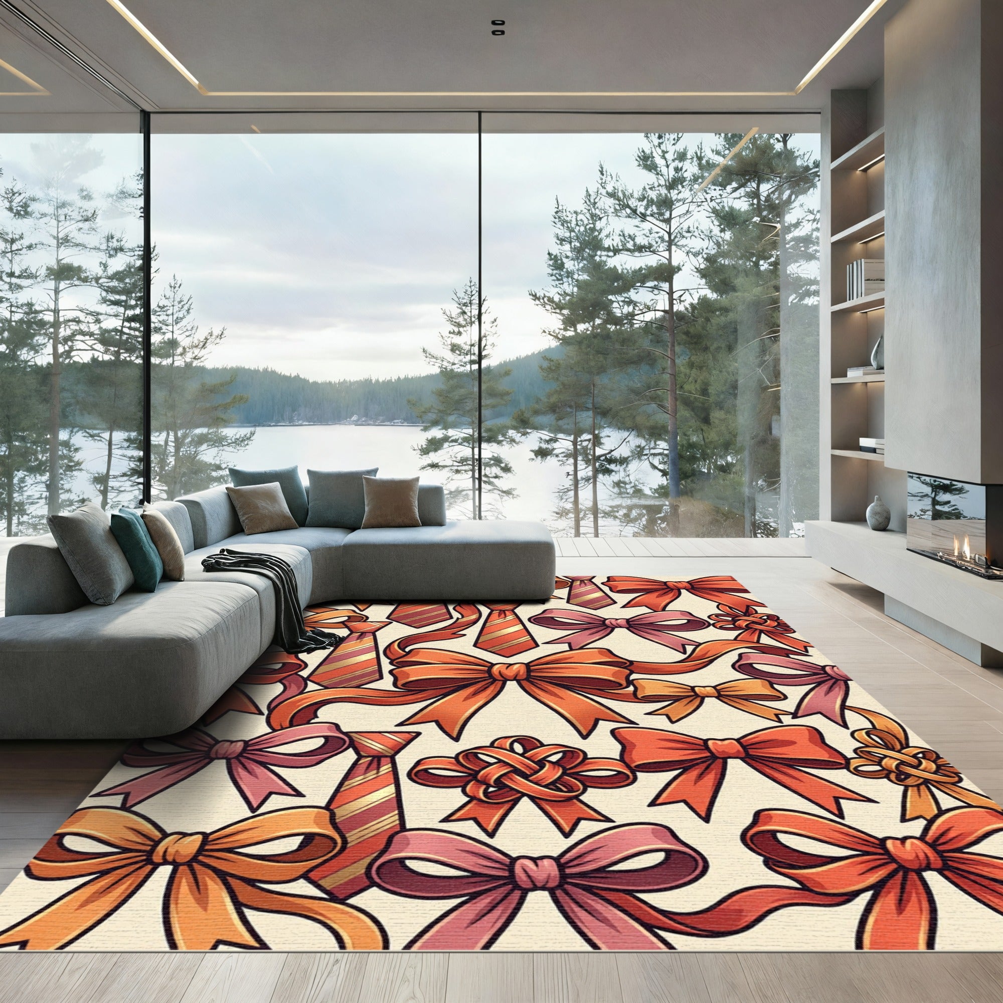 Orange Pink Tie Bow Accents Rug