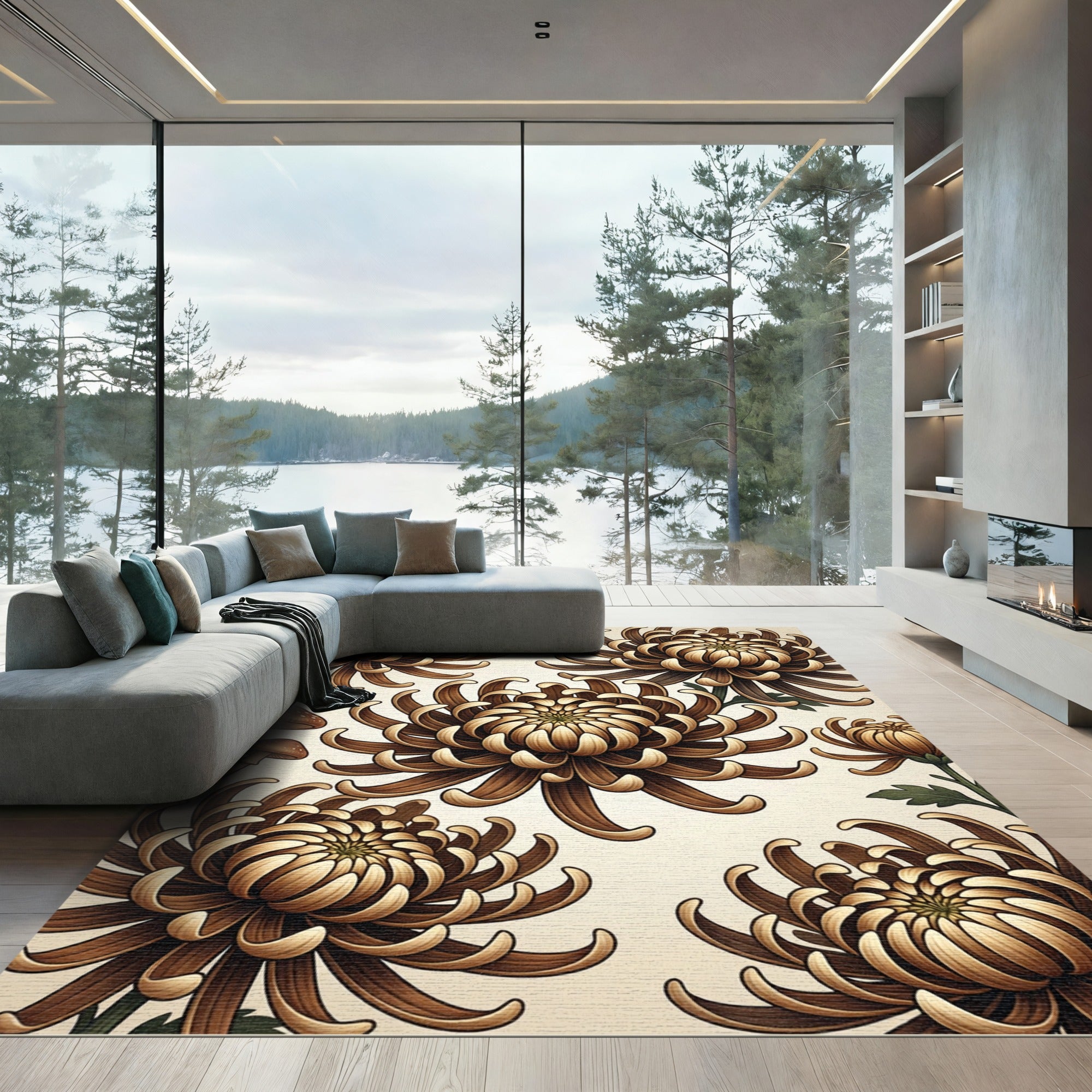 Brown Chrysanthemum Mushroom Floral Repeat Rug