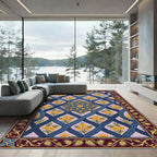 Blue Lattice Floral Yellow Blossom Medallion Rug