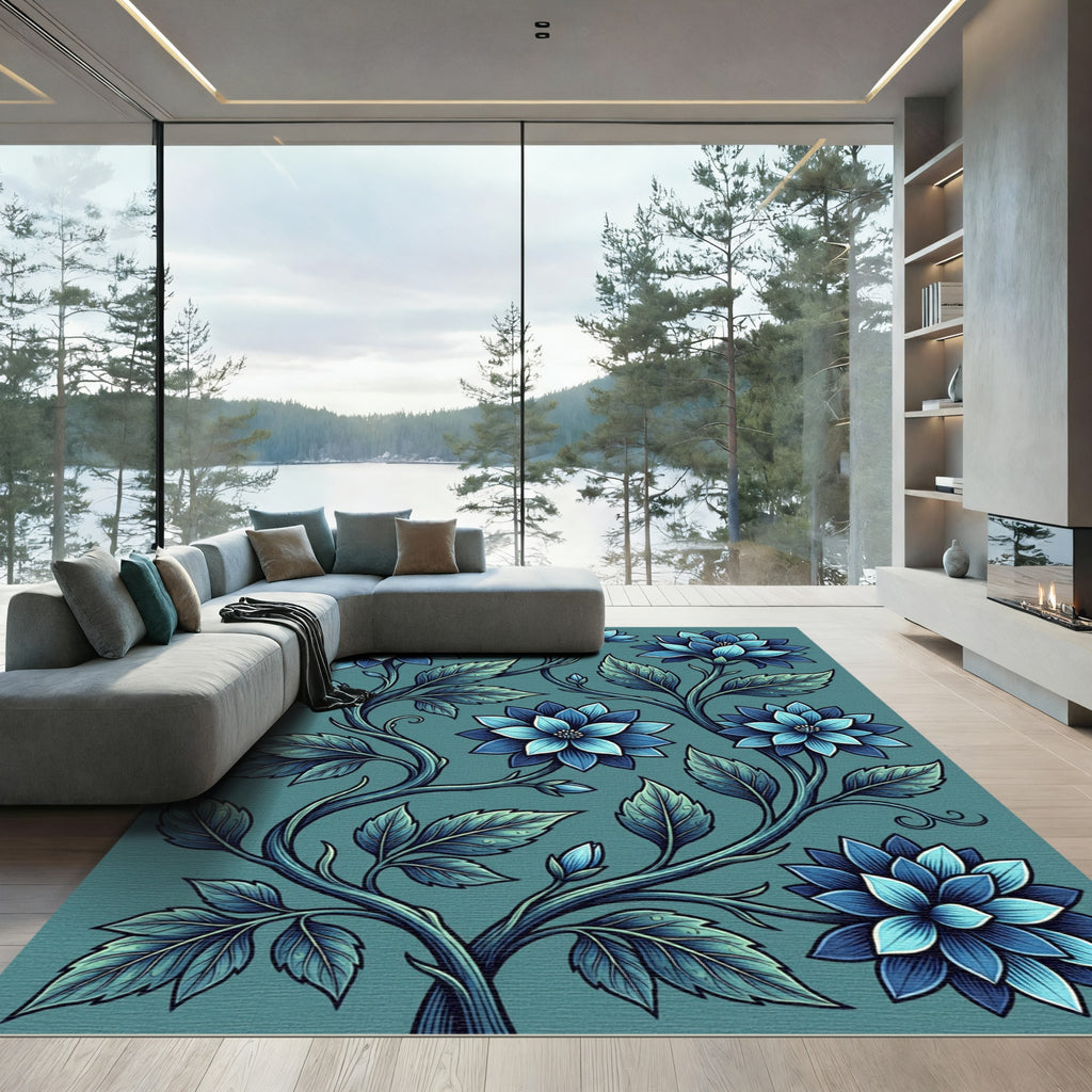 Elegant Deep Blue Botanical Floral Rug