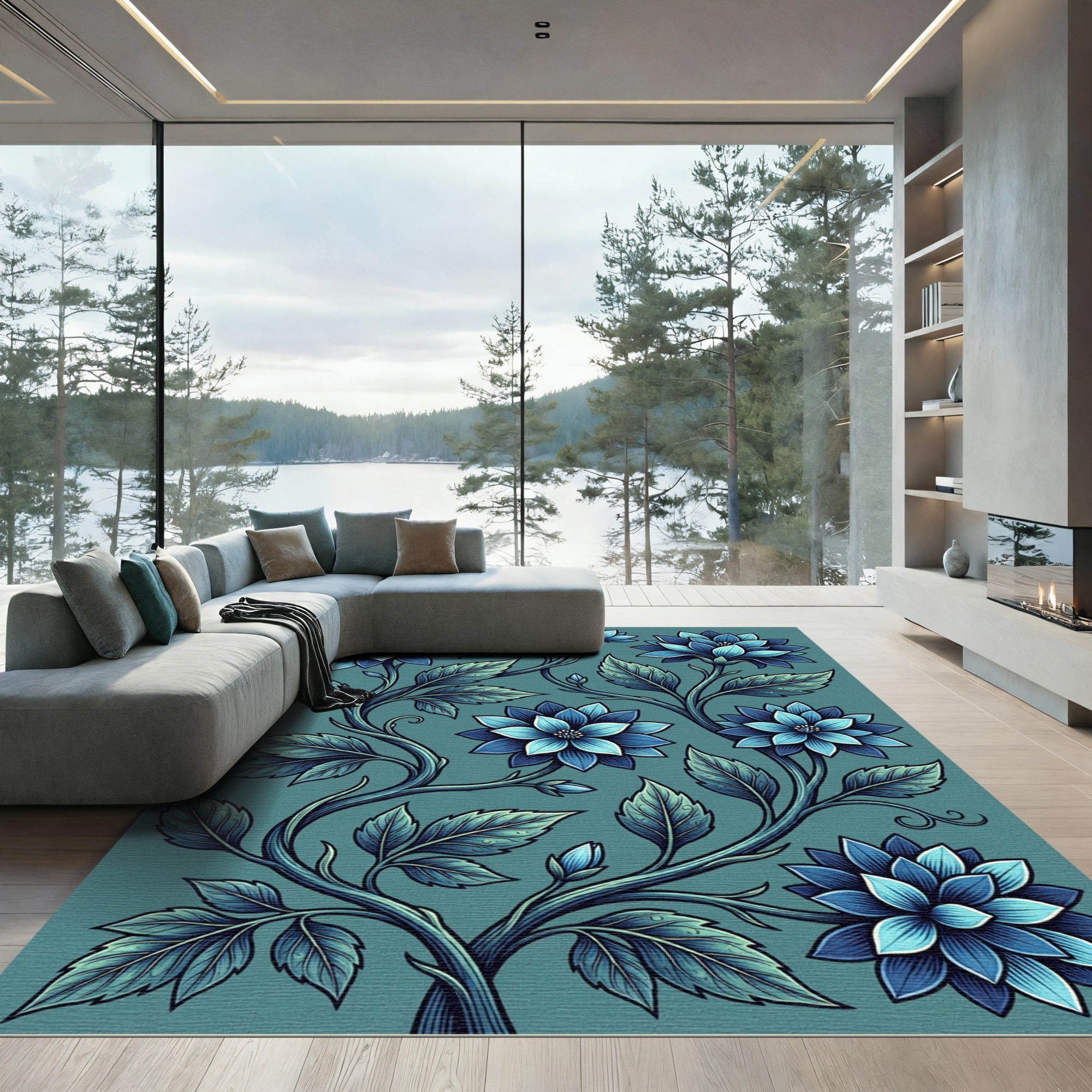 Elegant Deep Blue Botanical Floral Rug