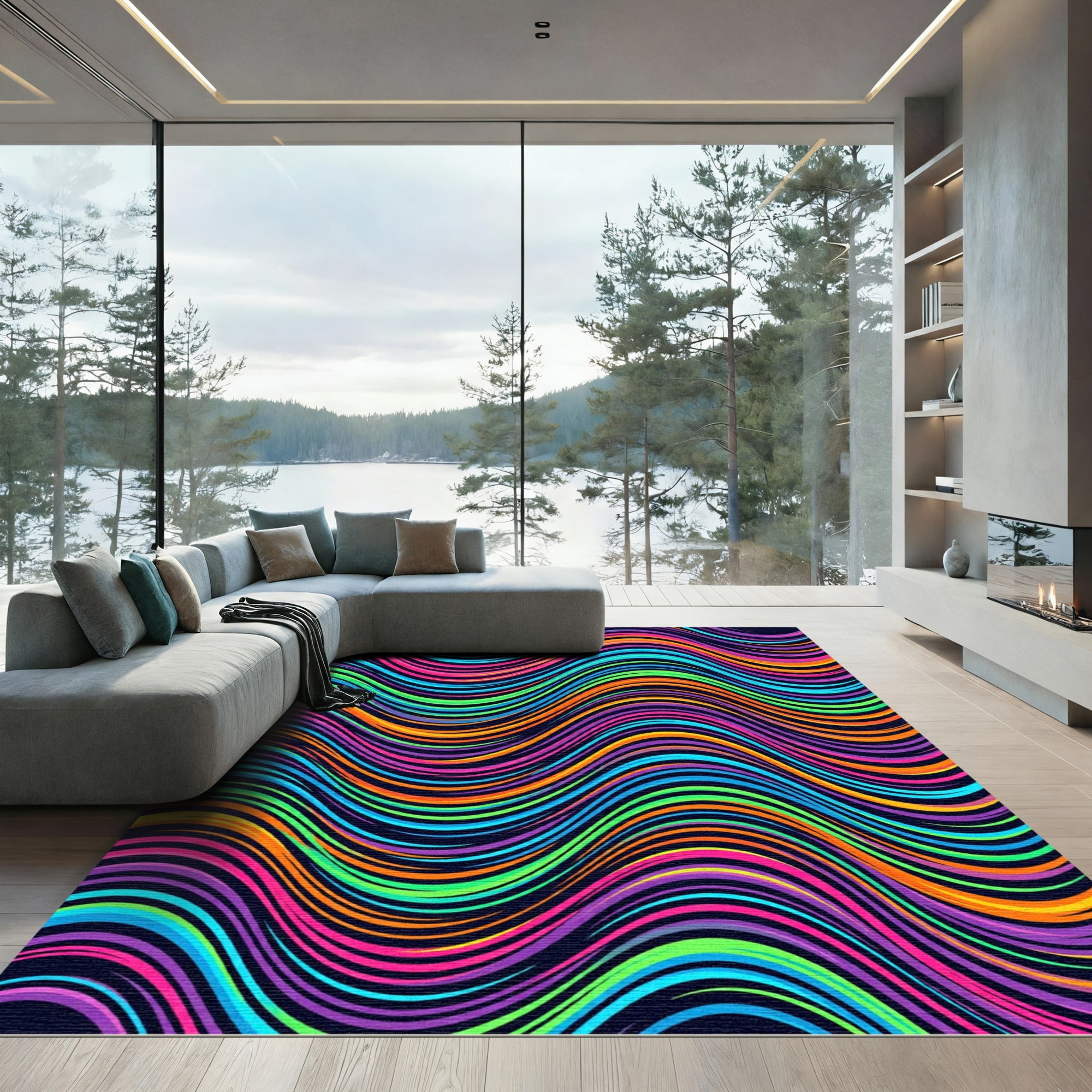 Vibrant Multi-Colored Wavy Rainbow Lines Rug