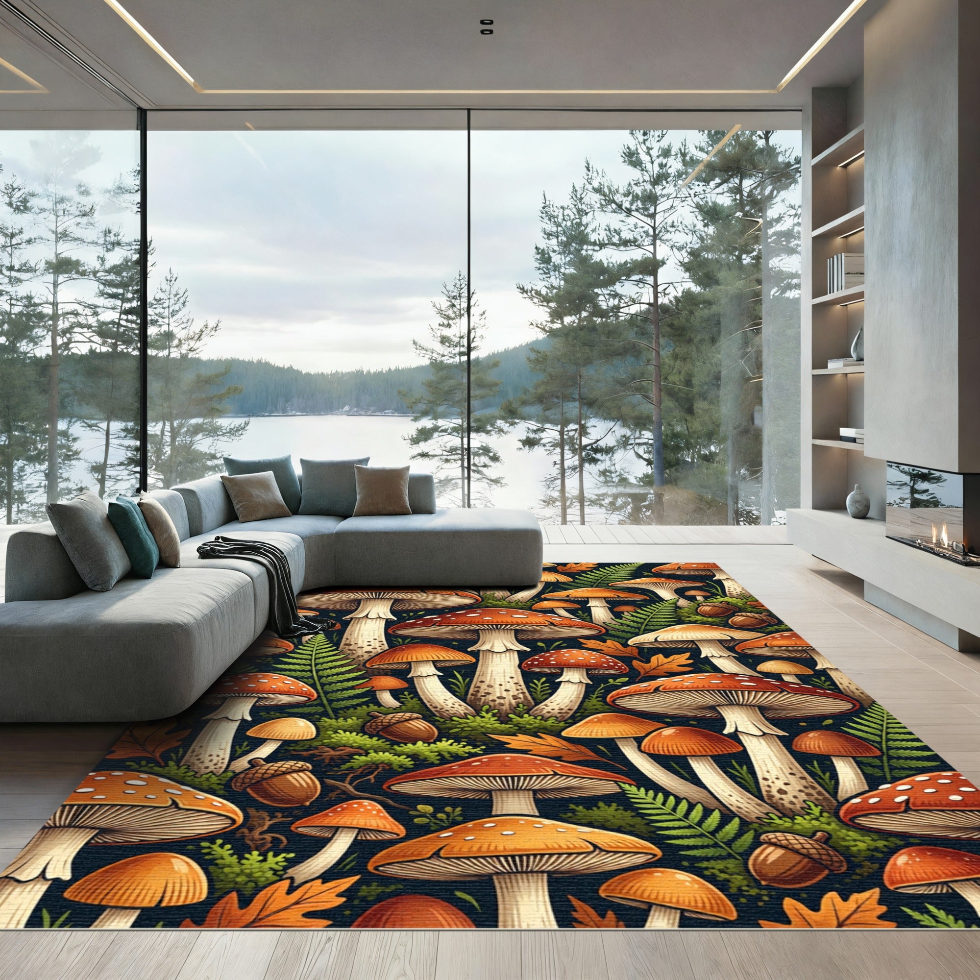Whimsical Autumnal Woodland Mushroom Forest Illustration Rug