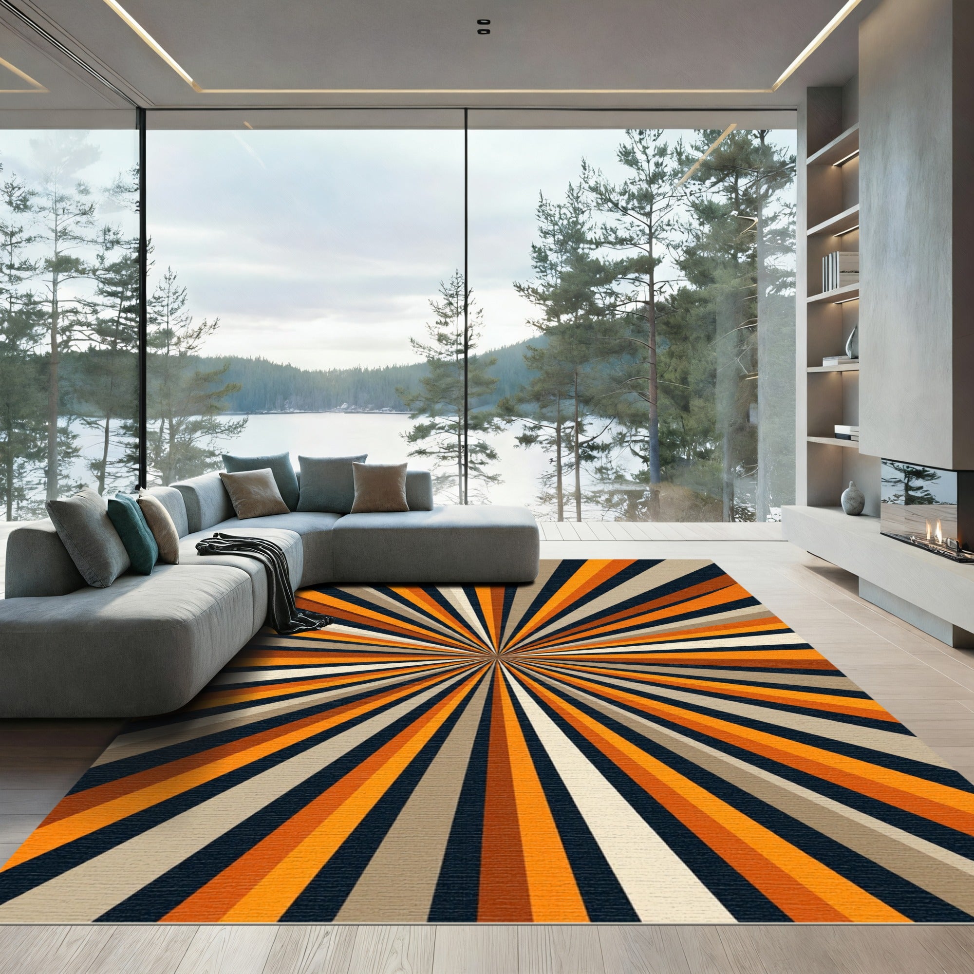 Retro Tangerine Sunburst Radial Rug