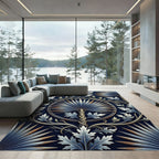 Intricate Navy Blue Botanical Palm Medallion Rug