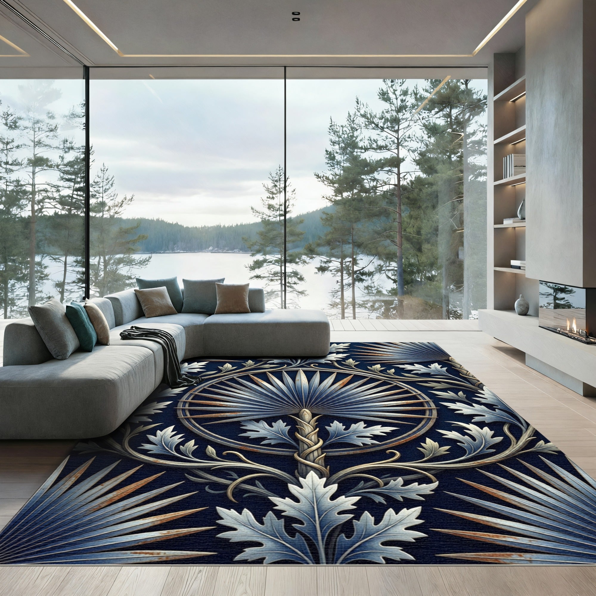 Intricate Navy Blue Botanical Palm Medallion Rug