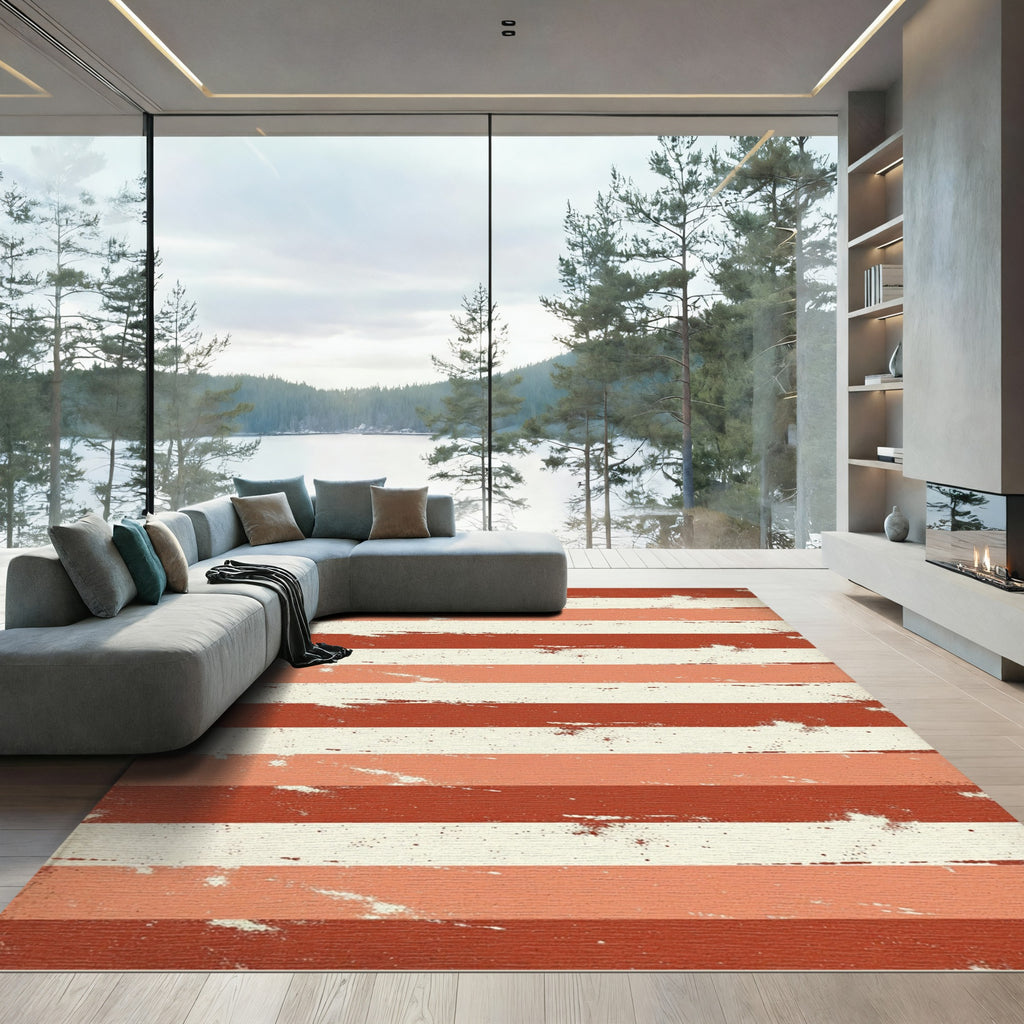 Distressed Burnt Orange and Cream Horizontal Stripe Rug