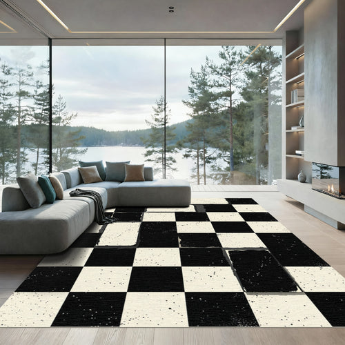 Black White Distressed Checkerboard Splatter Rug