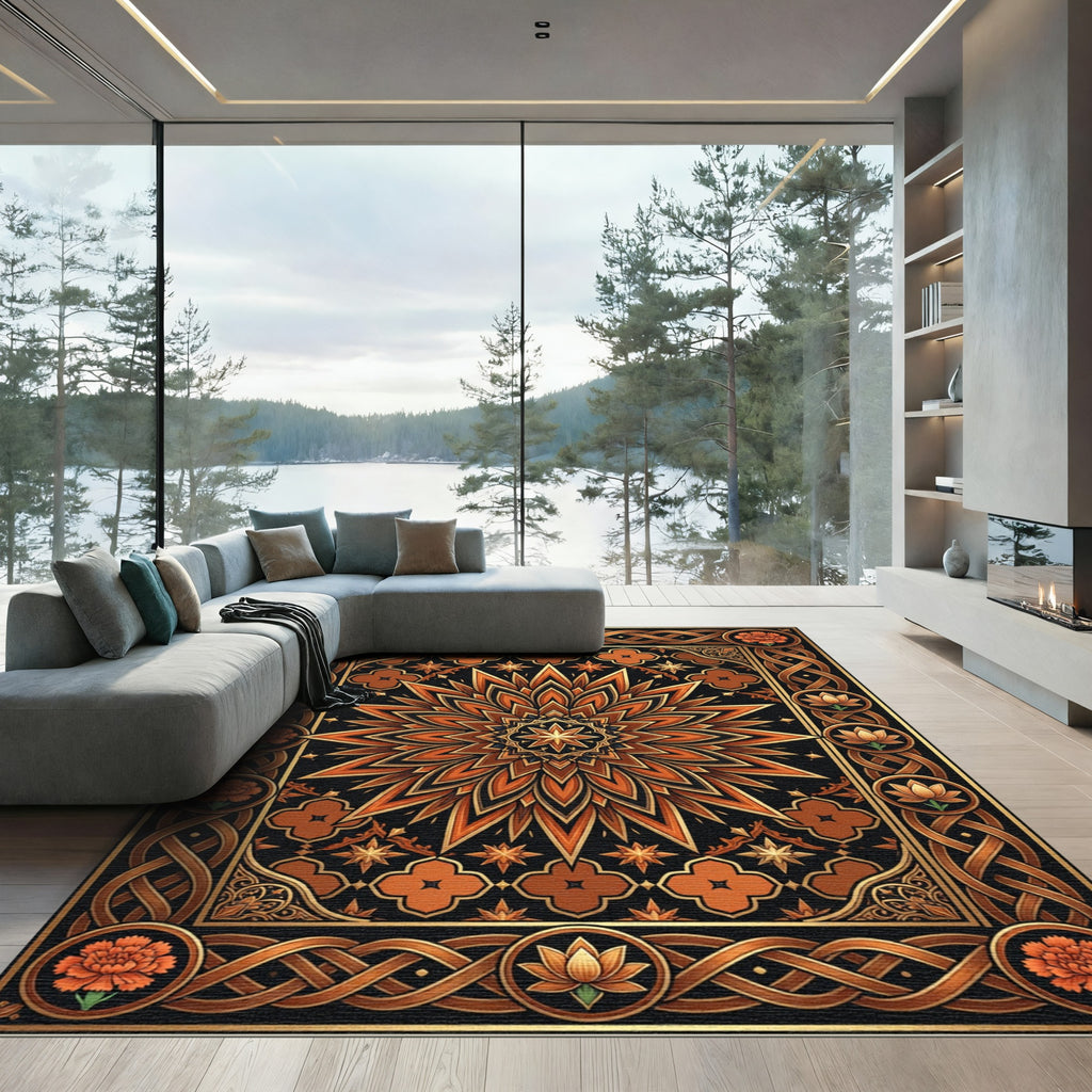 Golden Bronze Floral Geometric Medallion Rug