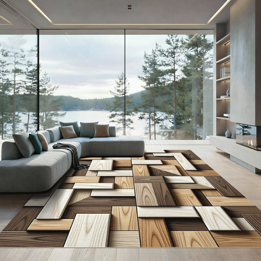 Wood Grain Geometric Overlay Rug