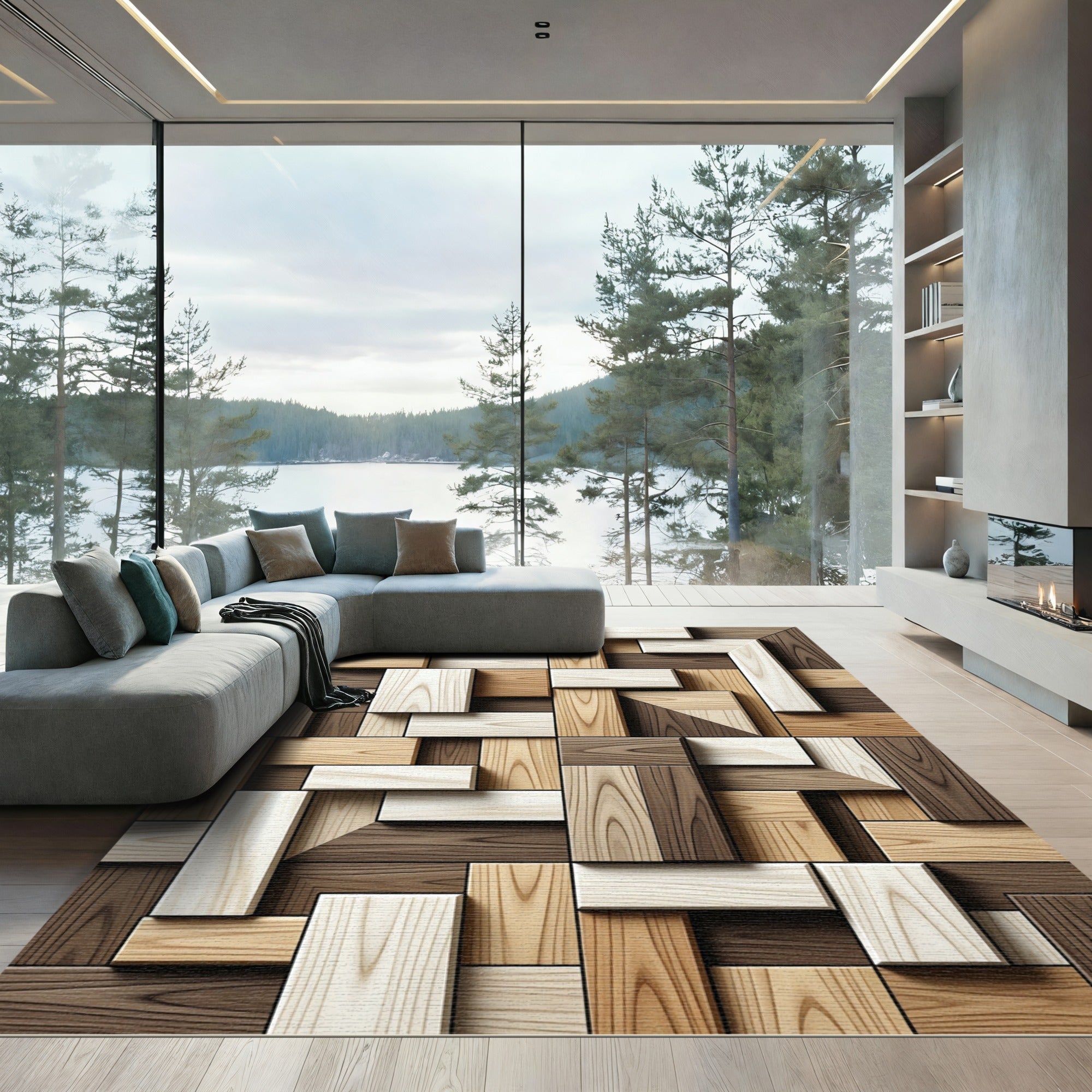 Wood Grain Geometric Overlay Rug