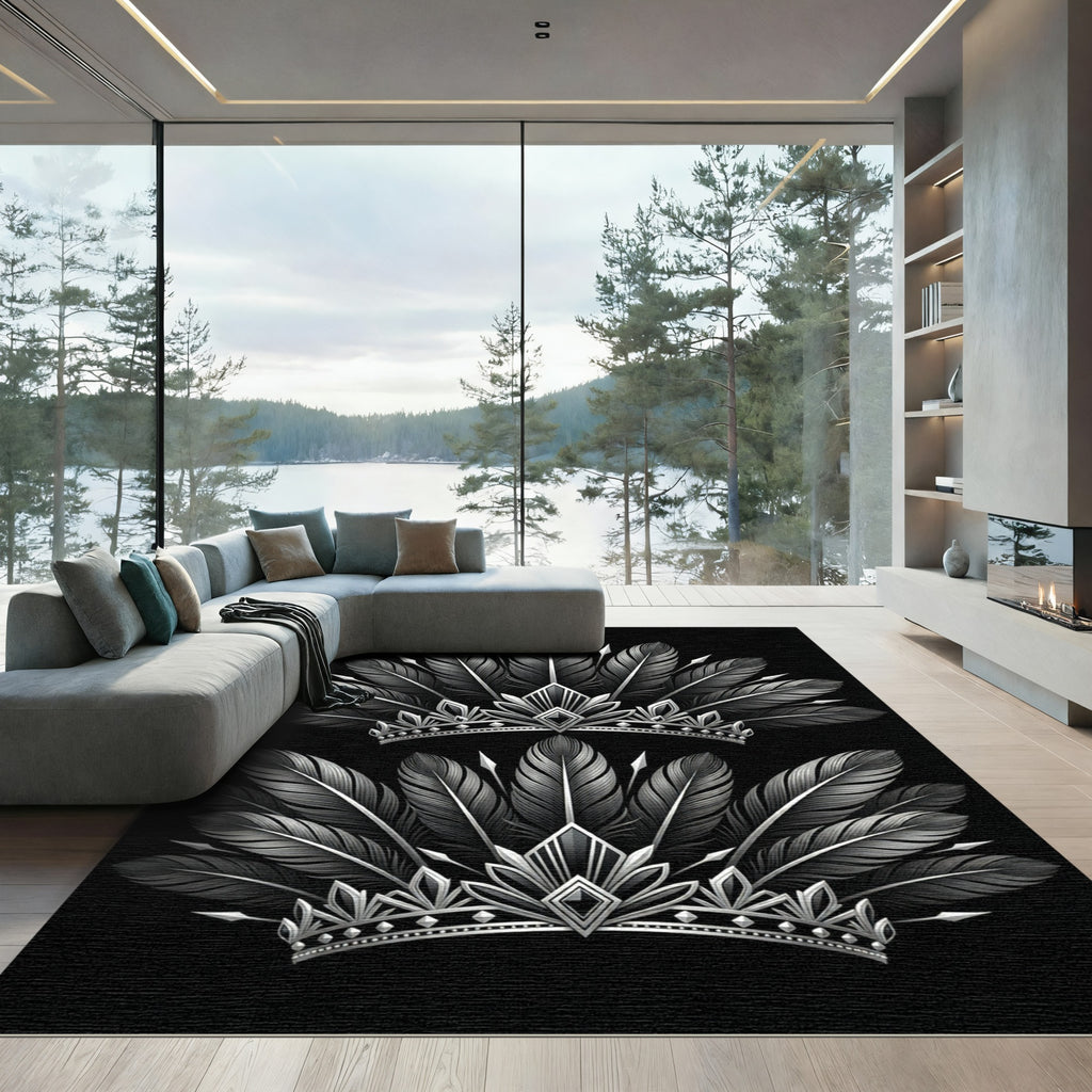 Monochromatic Silver Feather Royal Crown Rug