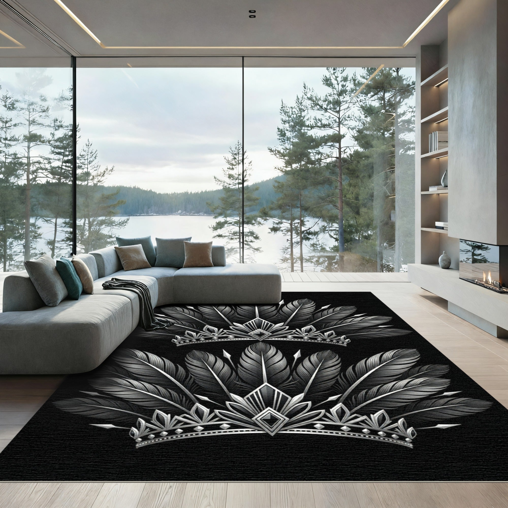 Monochromatic Silver Feather Royal Crown Rug