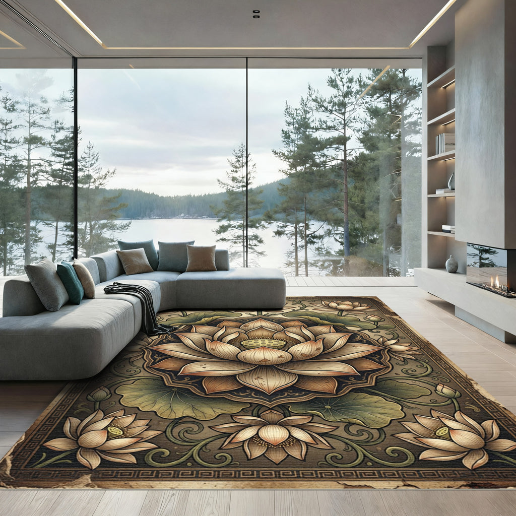 Vintage Earthy Beige Lotus Medallion Rug