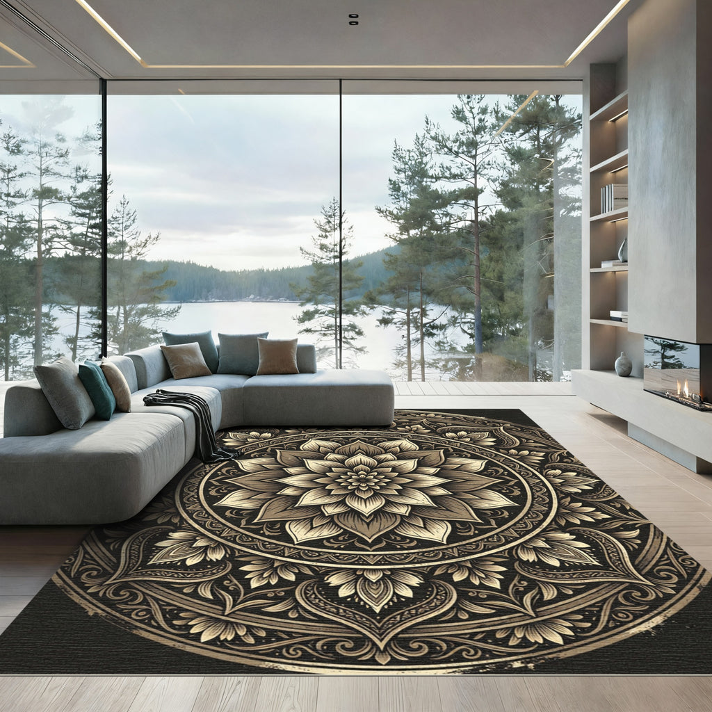 Elegant Gold Monochrome Lotus Medallion Rug