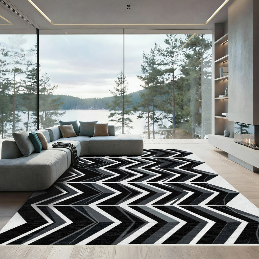 Modern Monochromatic Chevron Linear Art Rug