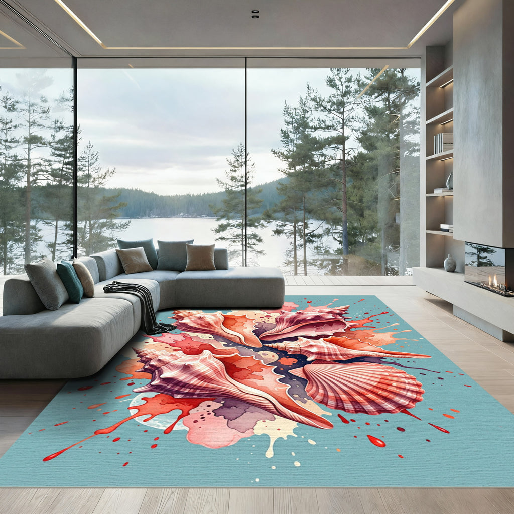 Coastal Coral Seashell Watercolor Splash Rug