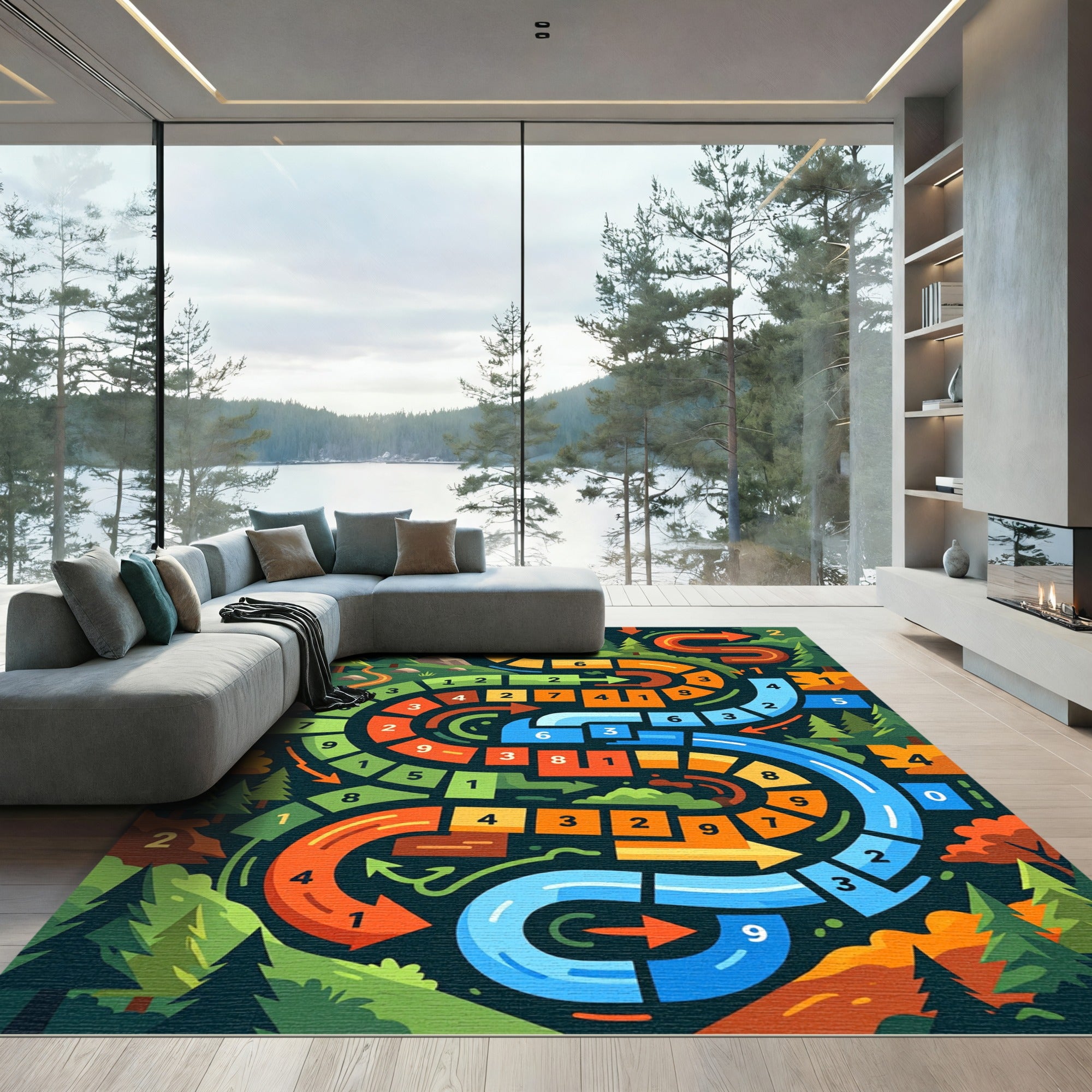 Vibrant Forest Path Numbered Game Landscape Rug