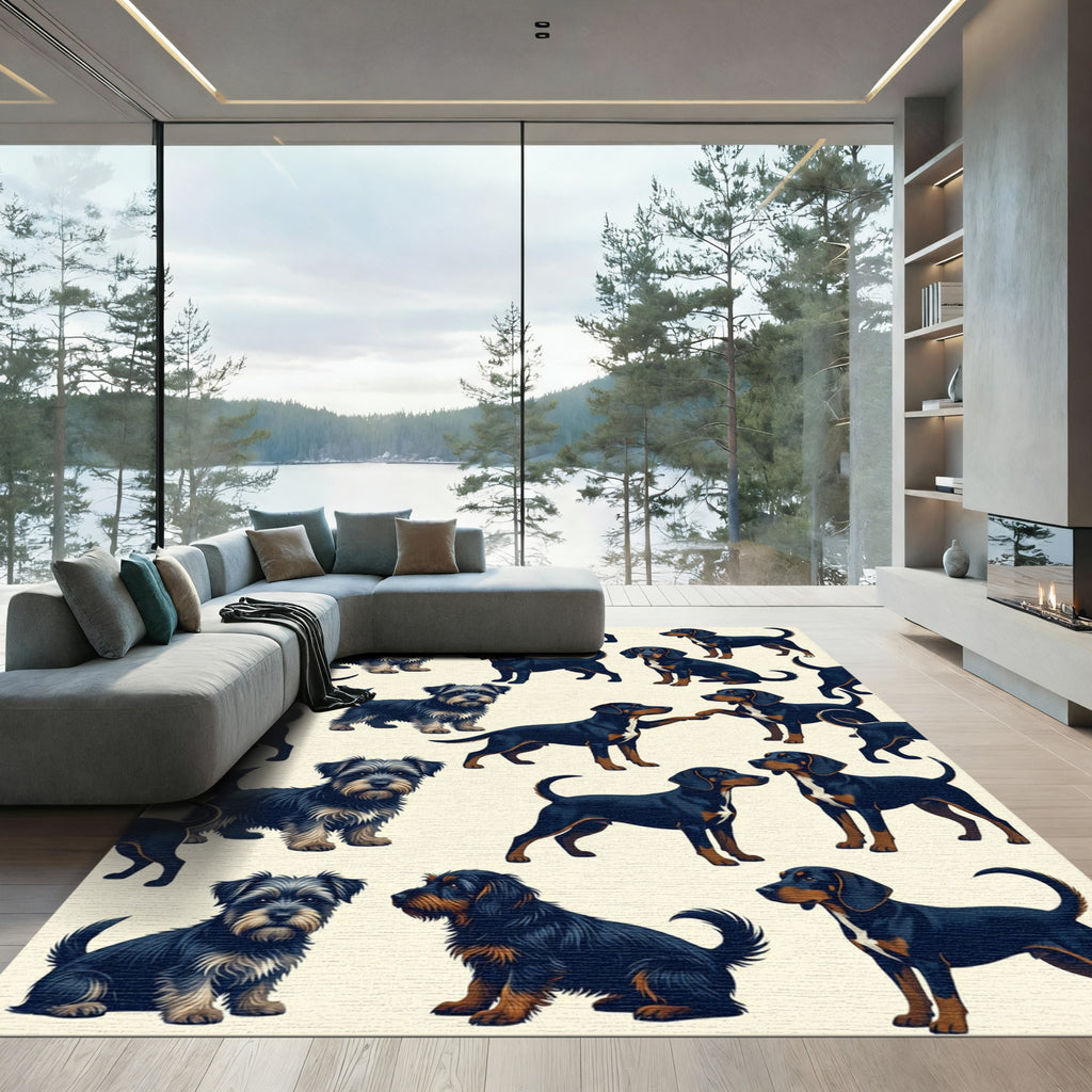Playful Black and Brown Dog Illustration Rug