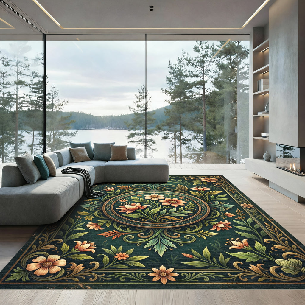 Elegant Emerald Floral Medallion Illustration Rug