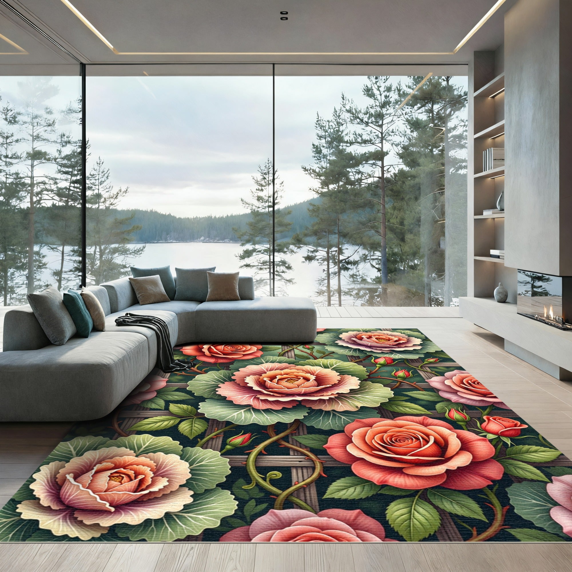 Romantic Peach Rose Cabbage Garden Rug