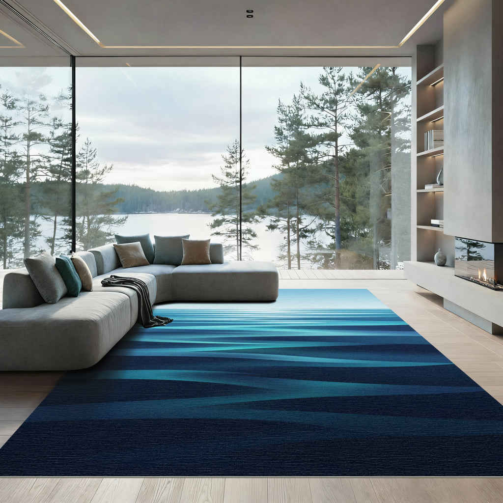 Deep Blue Abstract Ocean Waves Rug