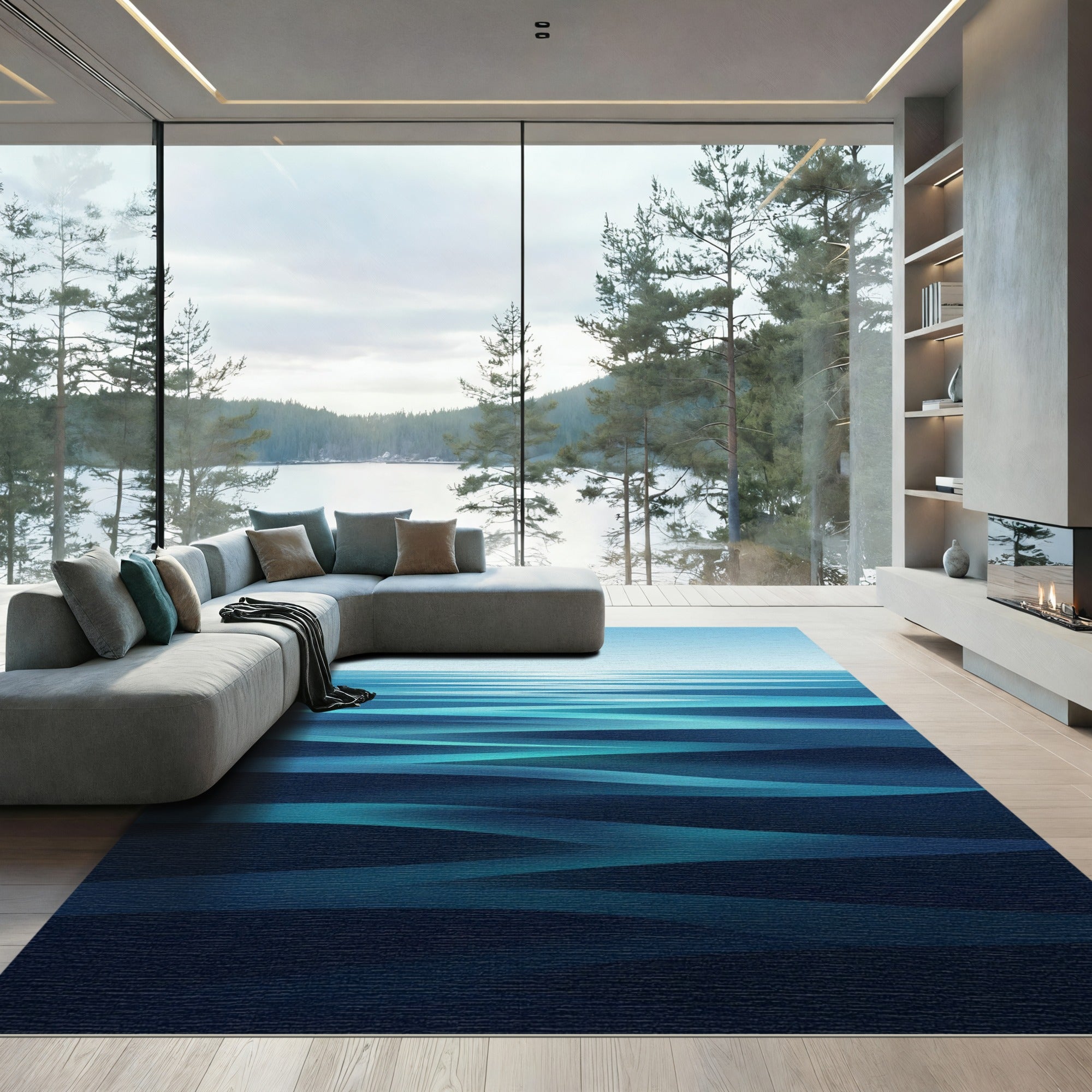 Deep Blue Abstract Ocean Waves Rug