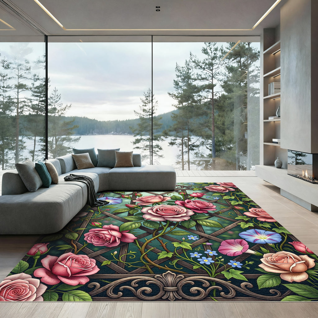 Romantic Pink Rose Trellis Floral Rug