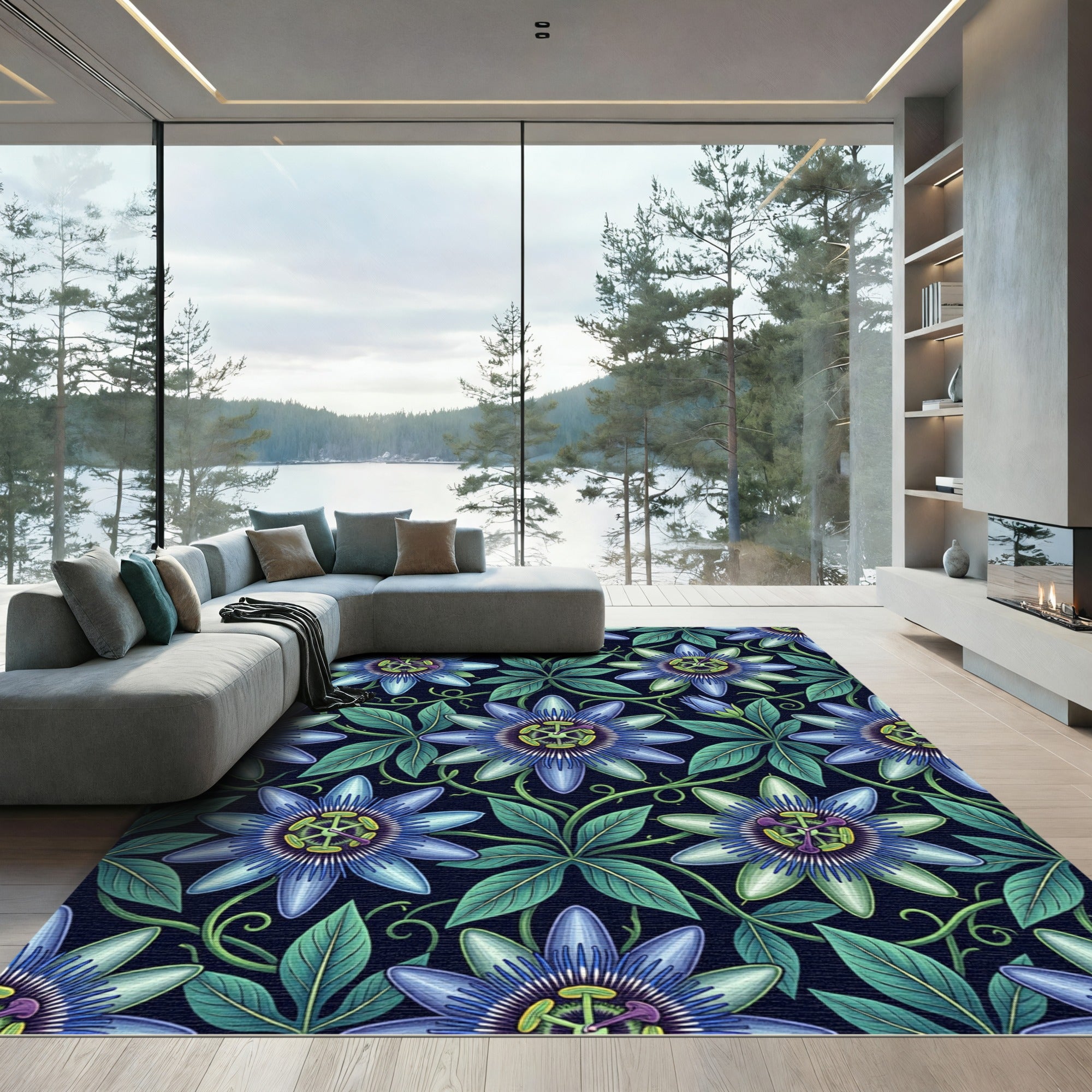 Dark Blue Passion Flower Botanical Rug