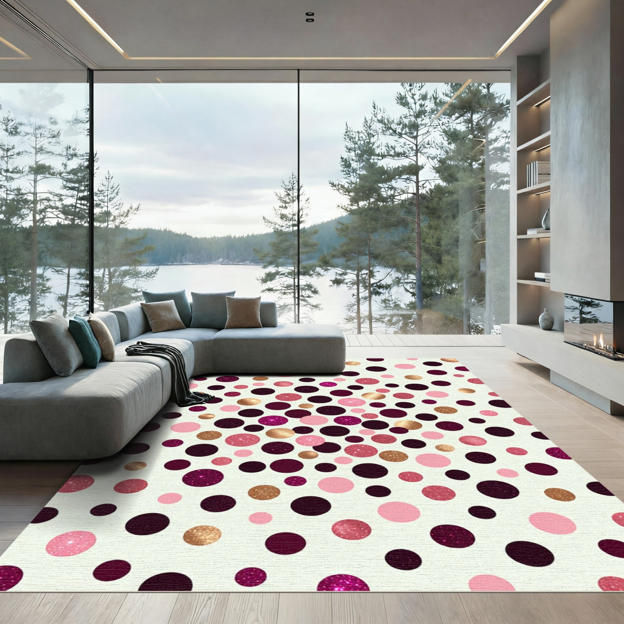 Pink Gold Deep Burgundy Polka Dots Rug