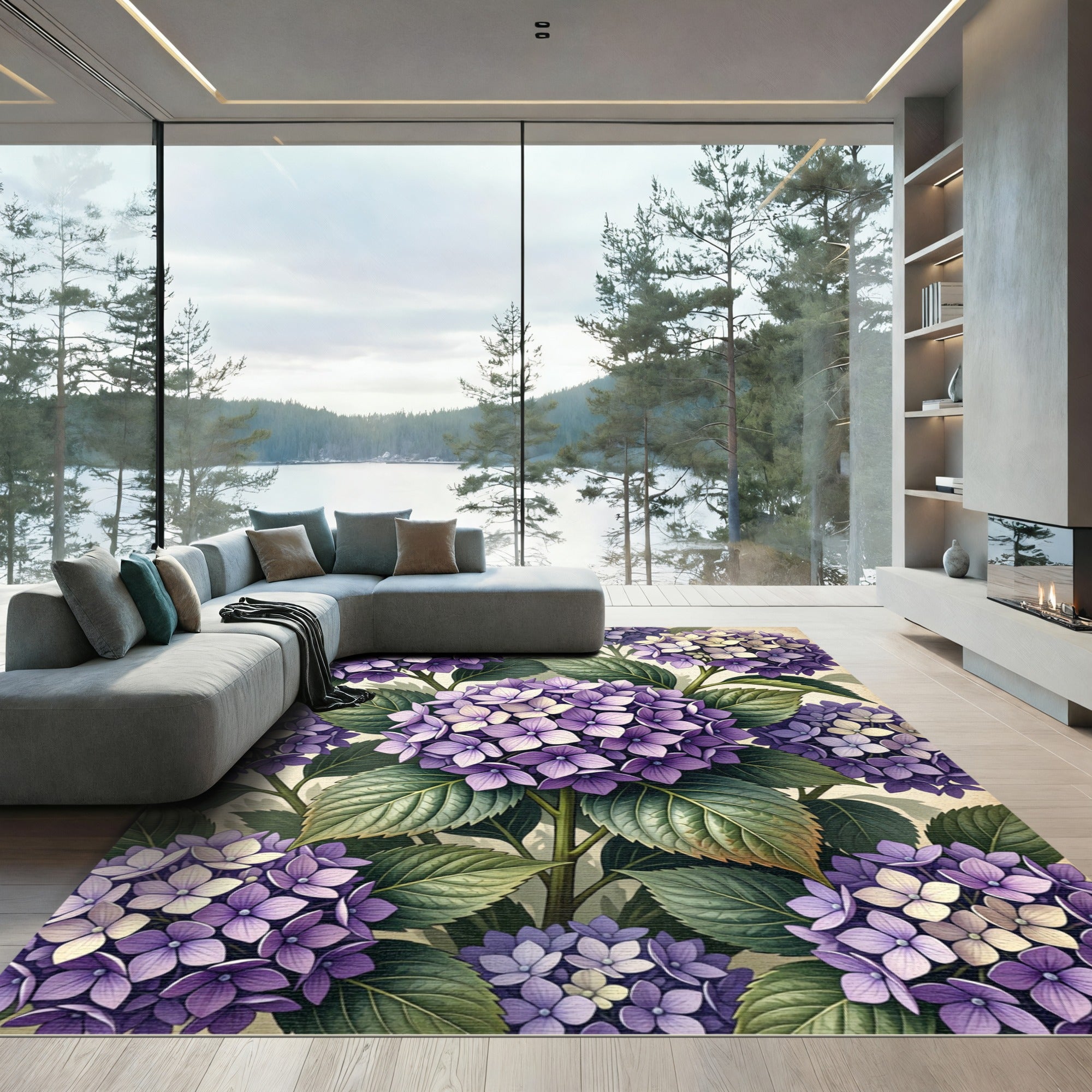 Lush Purple Hydrangea Botanical Illustration Rug