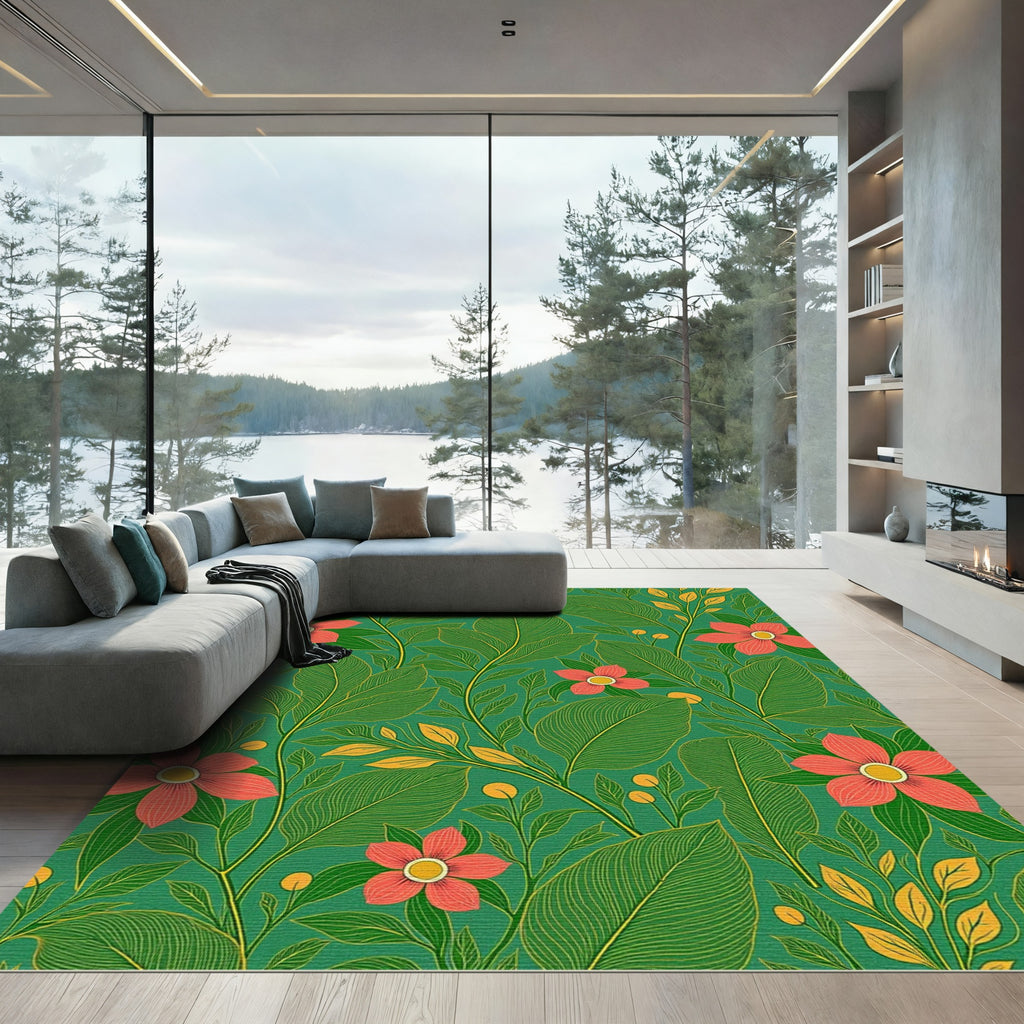 Vibrant Coral Floral Green Leaf Jungle Rug