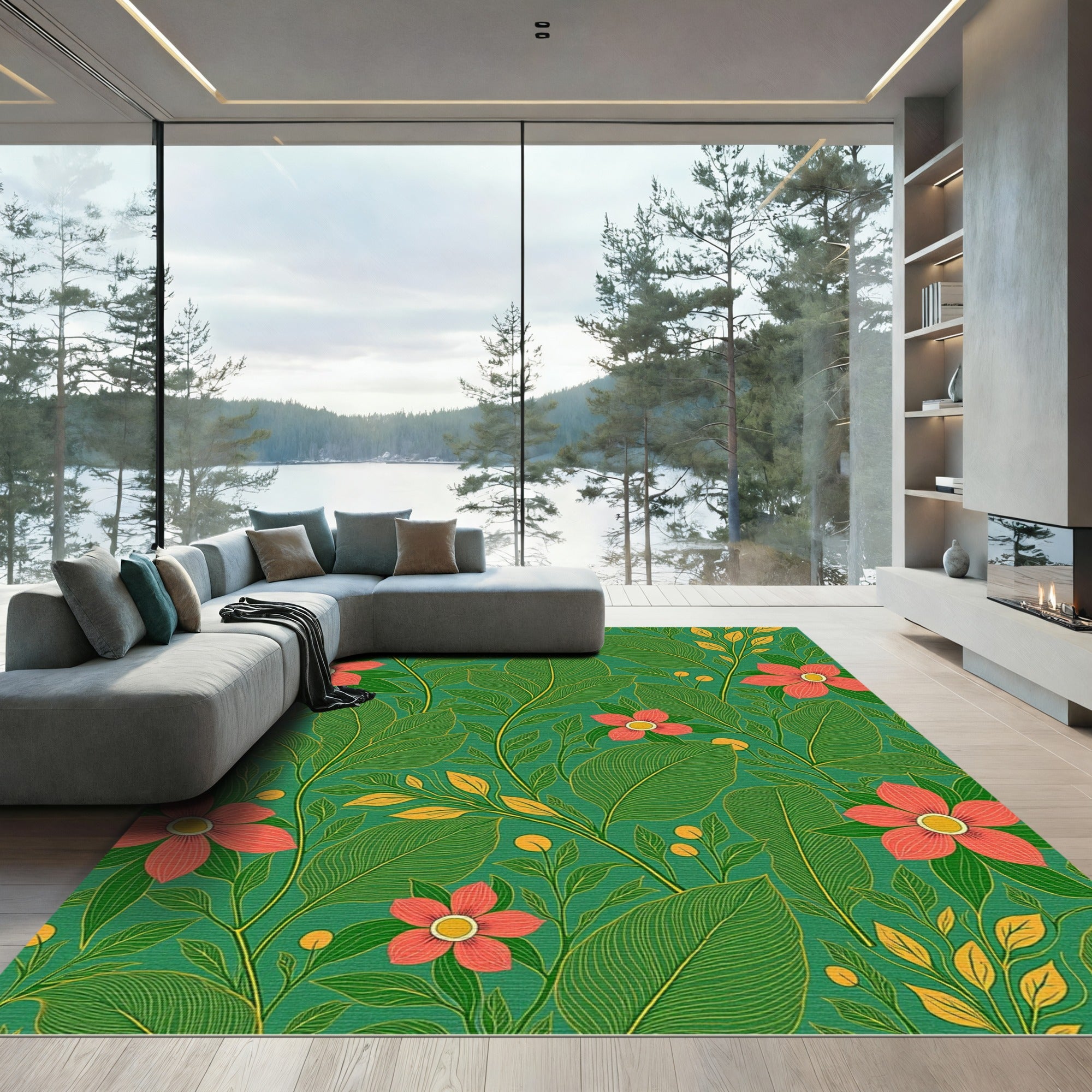 Vibrant Coral Floral Green Leaf Jungle Rug