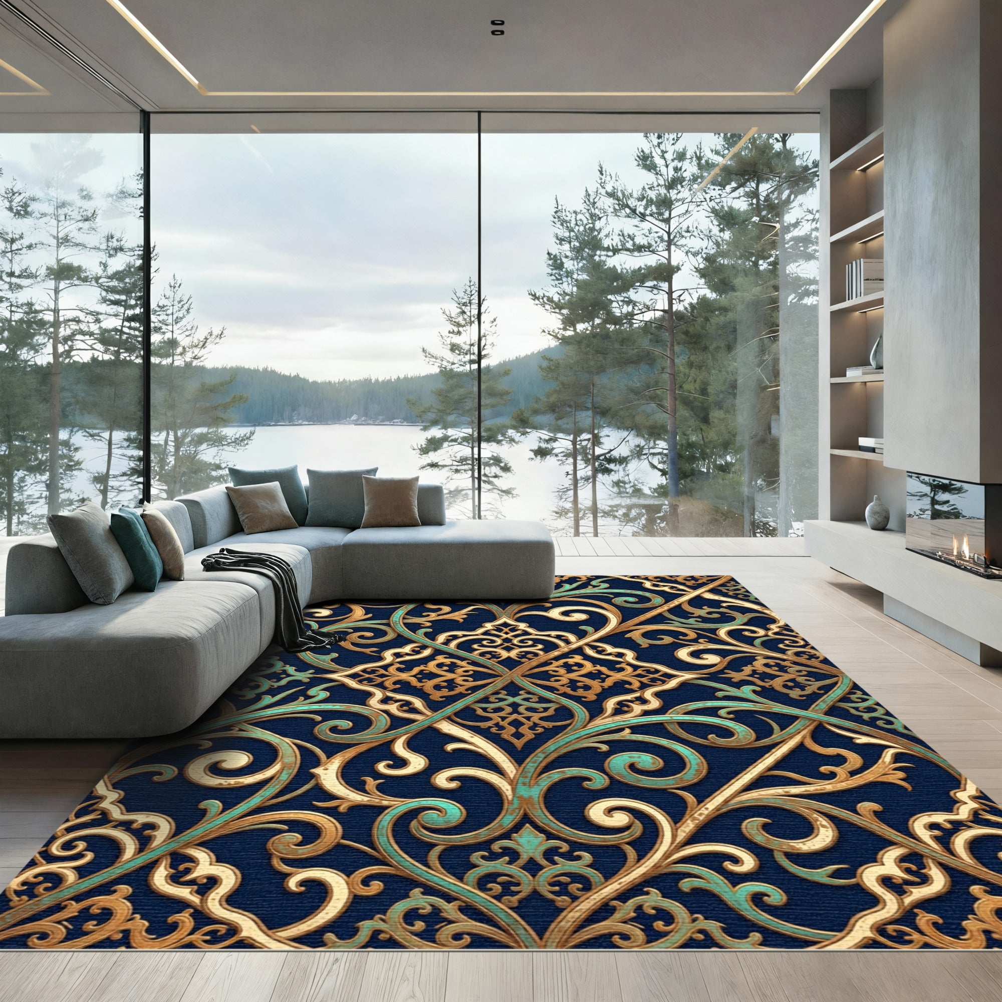 Ornate Gold and Teal Scrollwork Trellis Rug