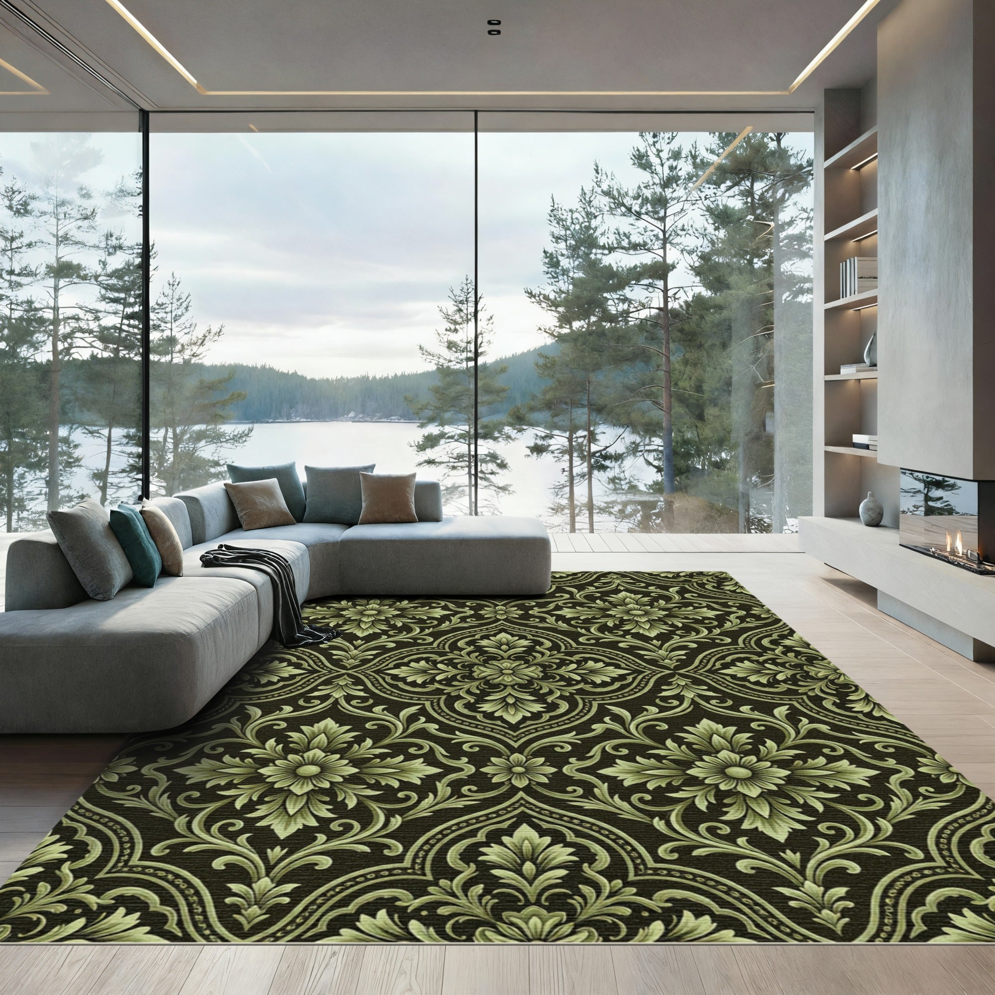 Ornate Green Damask Floral Medallion Rug