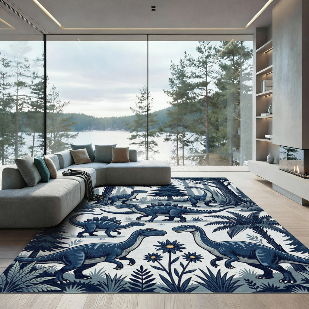 Blue Prehistoric Forest Dinosaur Scene Rug