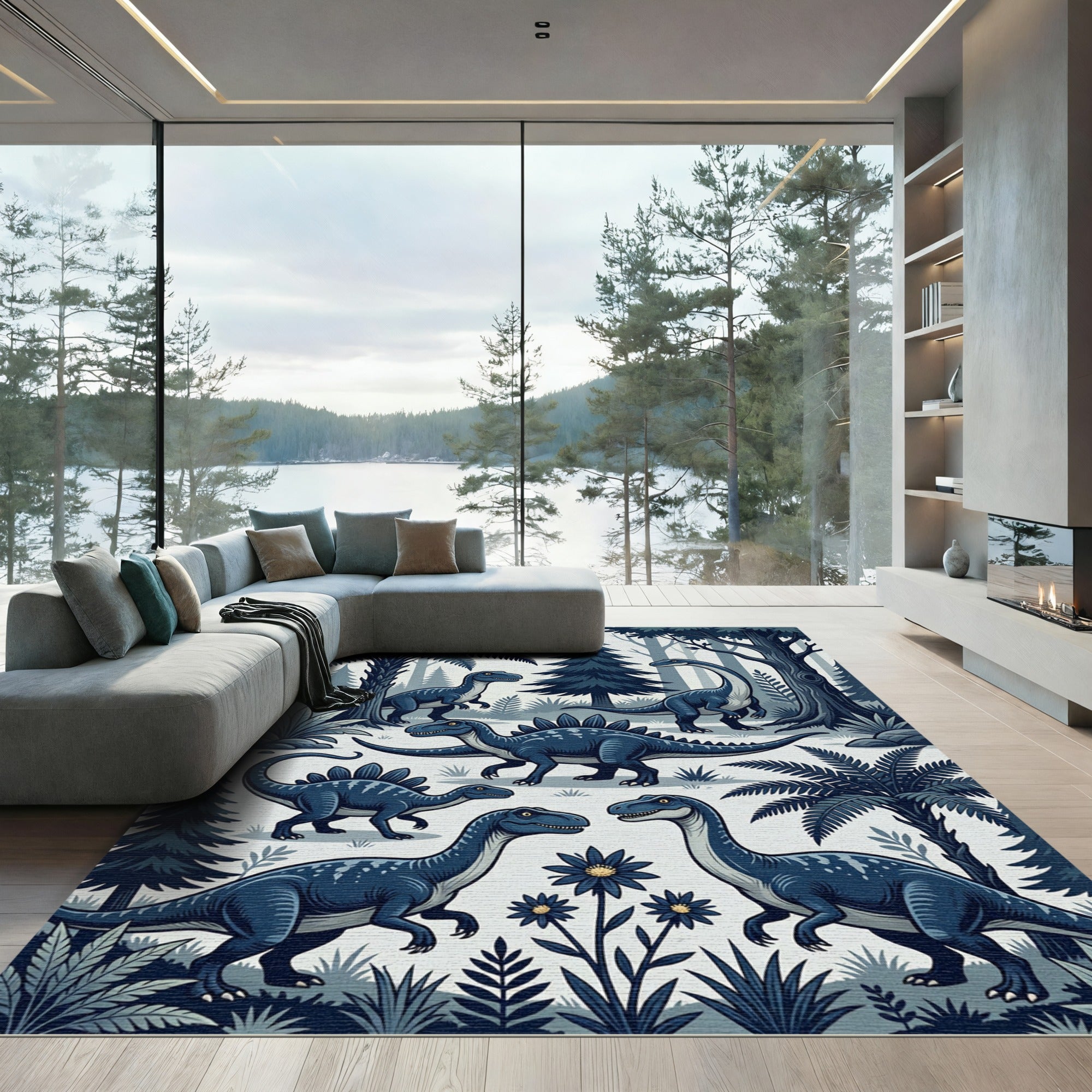 Blue Prehistoric Forest Dinosaur Scene Rug