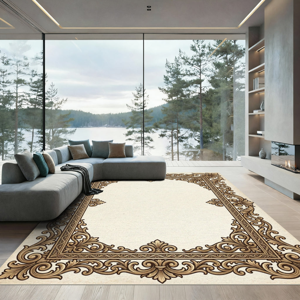Ornate Gold Scrolling Acanthus Leaf Frame Rug
