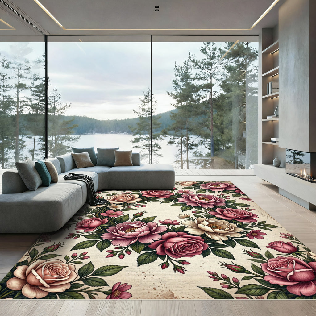 Elegant Vintage Floral Cream Rose Wreath Rug