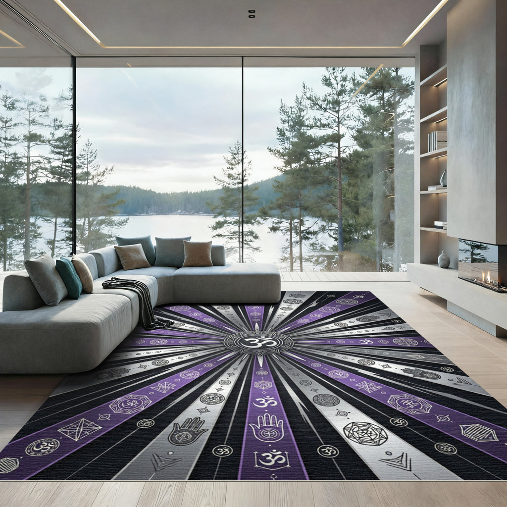 Radiating Om Purple Geometric Rays Rug