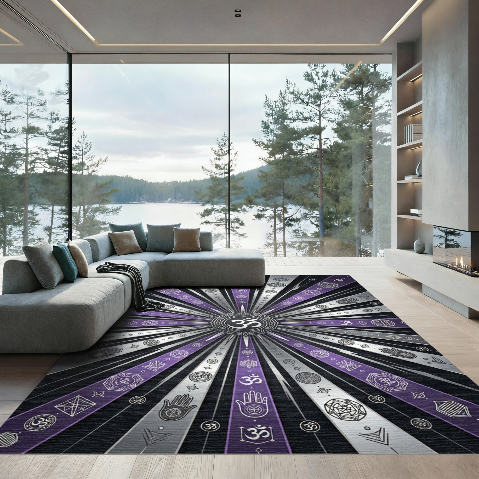 Radiating Om Purple Geometric Rays Rug