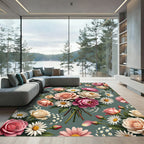 Elegant Rose and Daisy Floral Bouquet Rug