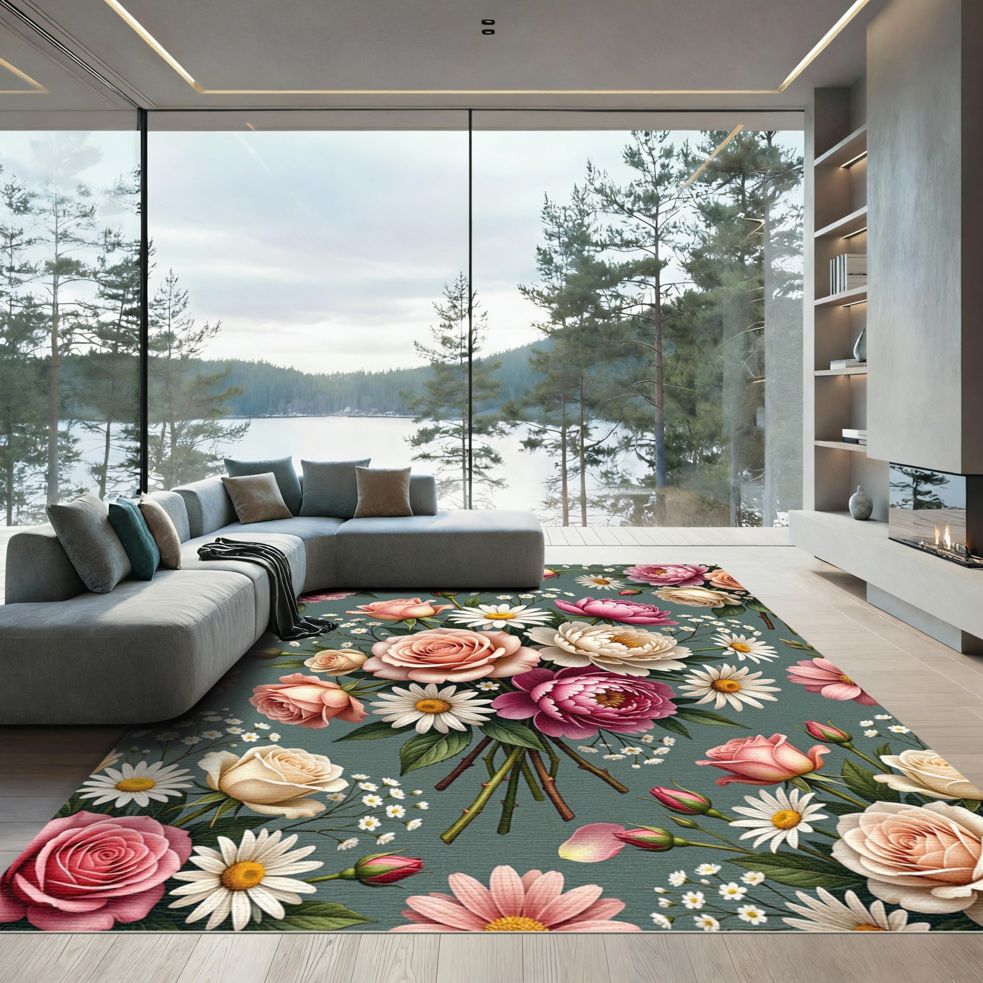 Elegant Rose and Daisy Floral Bouquet Rug
