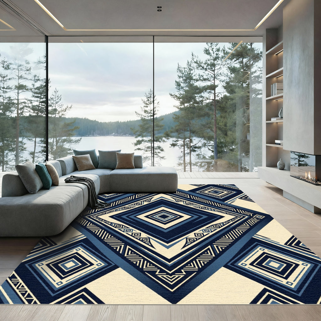 Navy Blue Geometric Diamond Art Rug