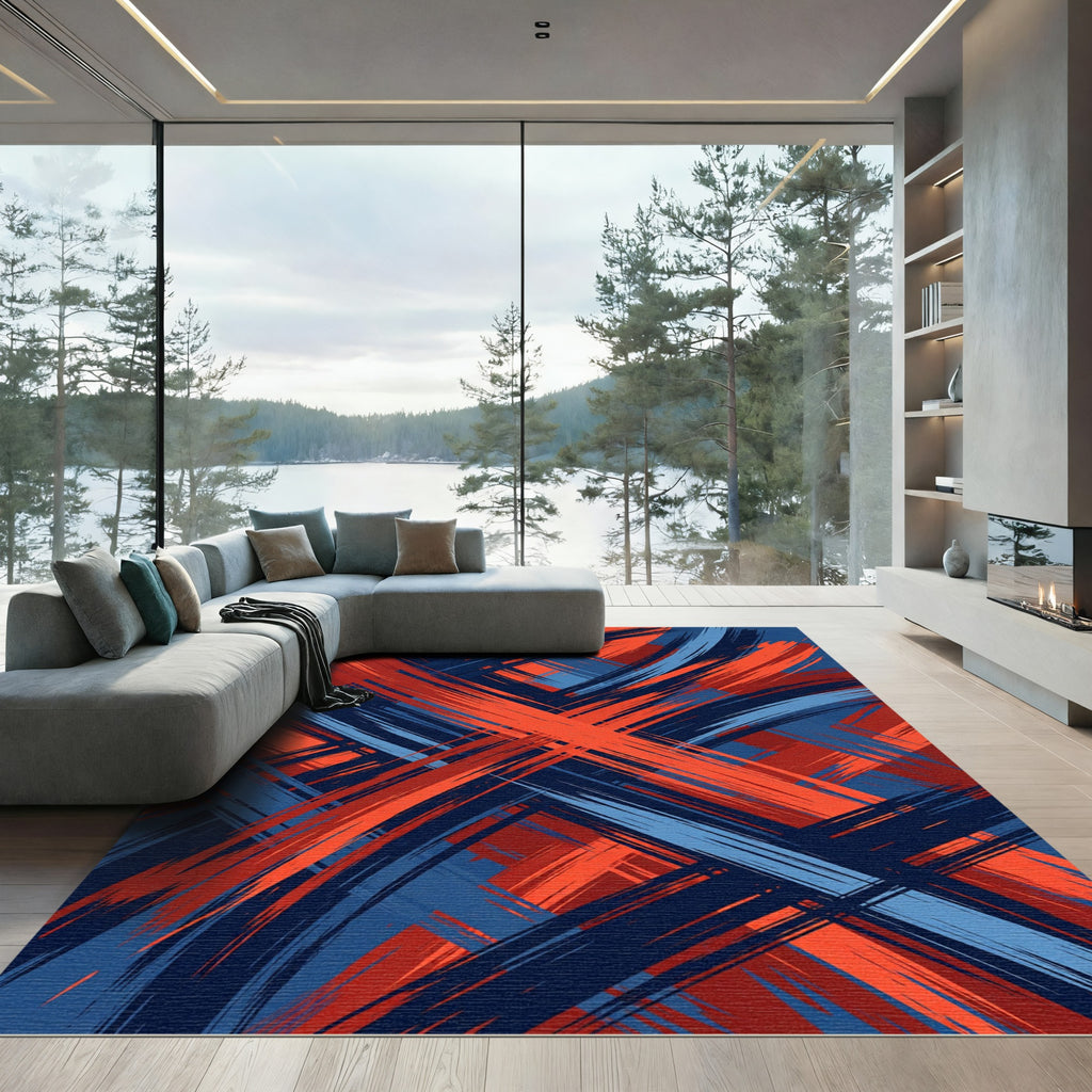Vibrant Abstract Crimson and Navy Intersecting Lines Rug