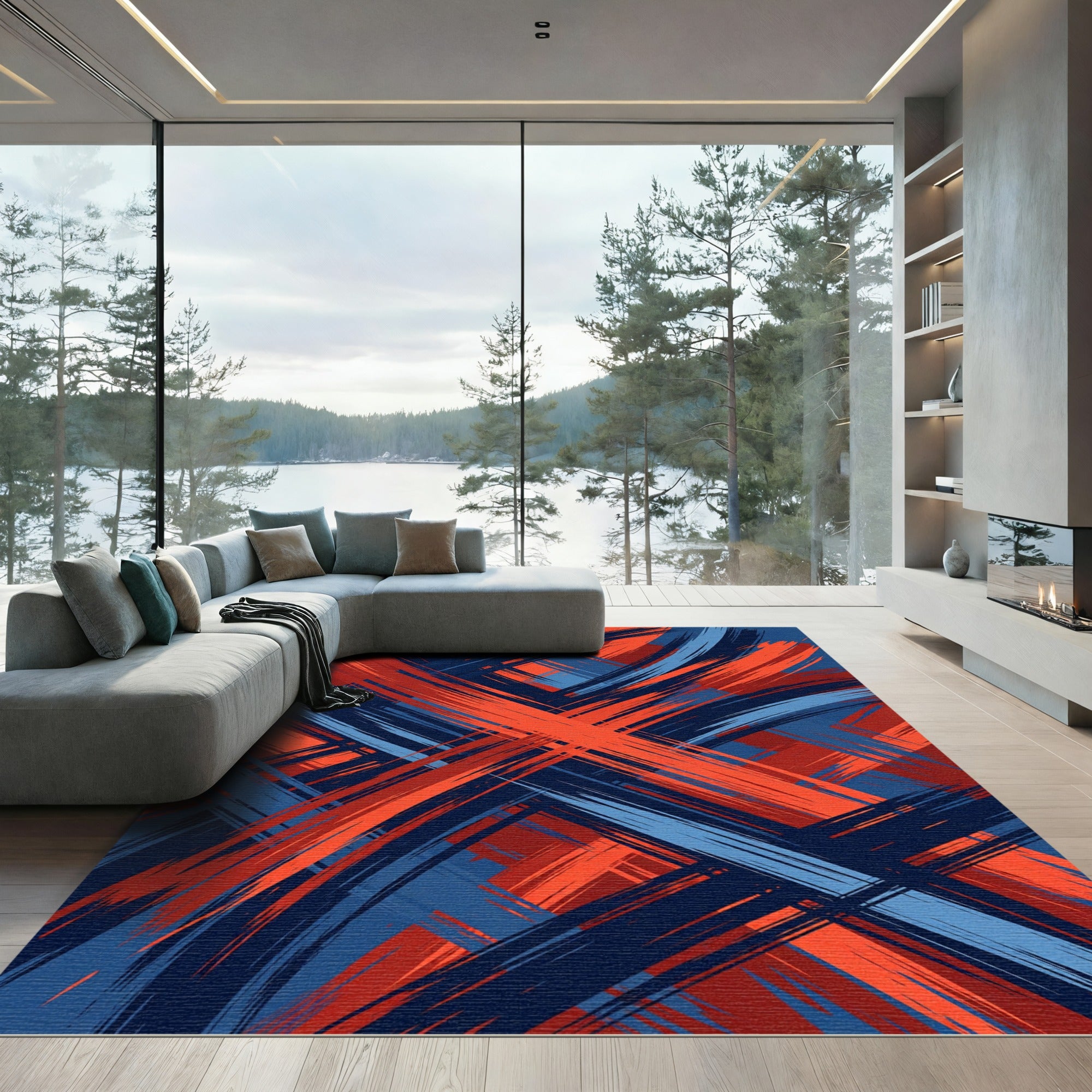 Vibrant Abstract Crimson and Navy Intersecting Lines Rug