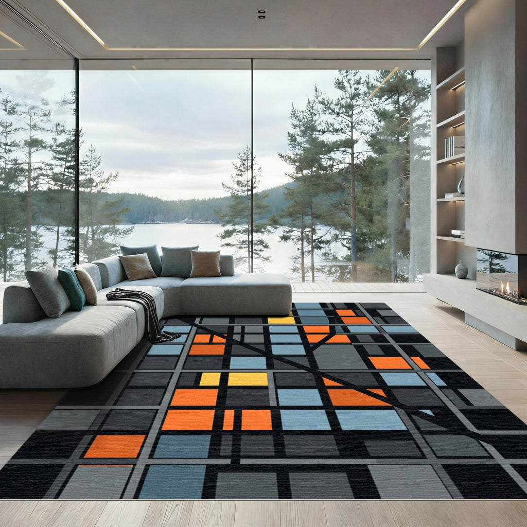 Abstract Grid Orange Blue Yellow Rug